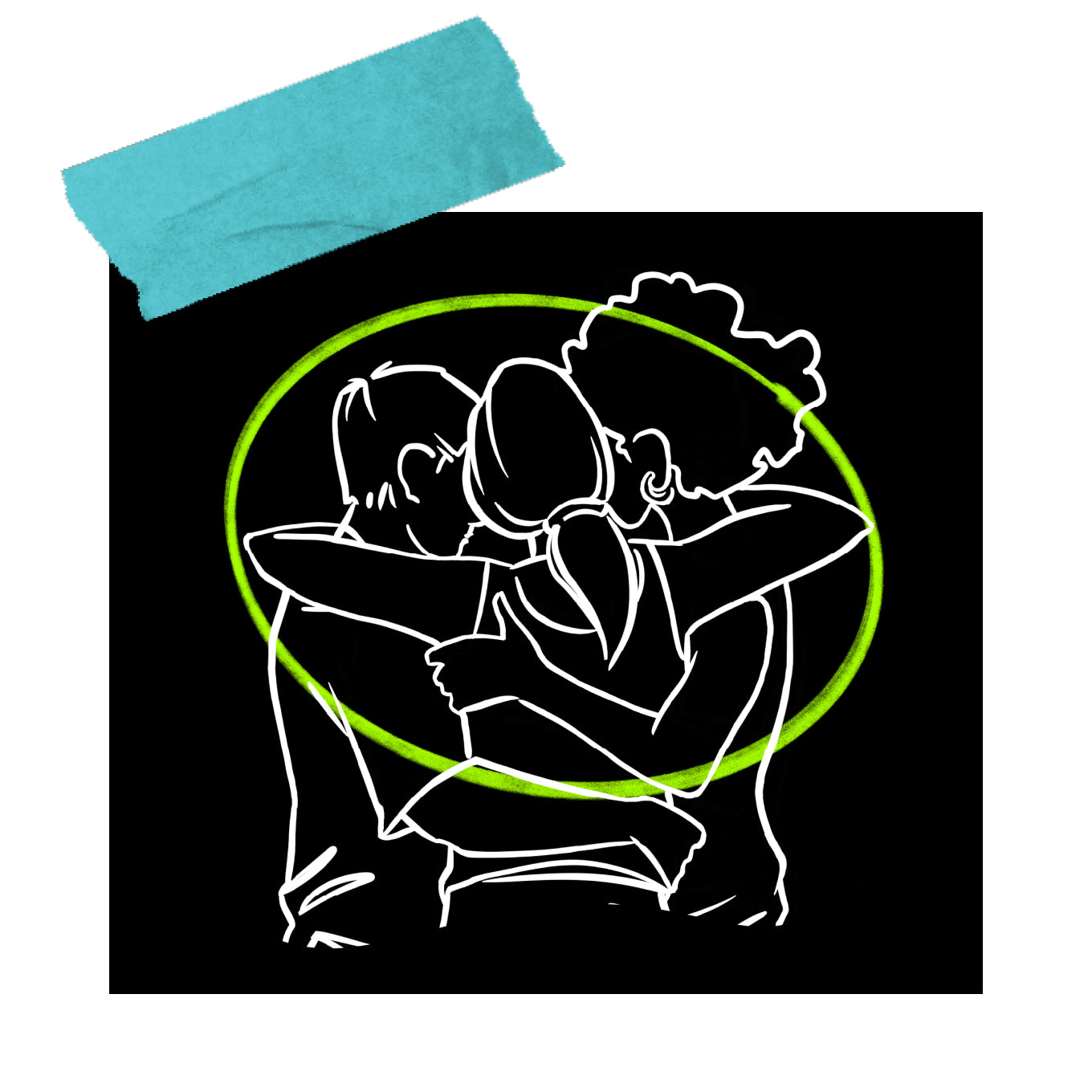 Illustration of three people embracing with a green circle background and a teal tape at the top.