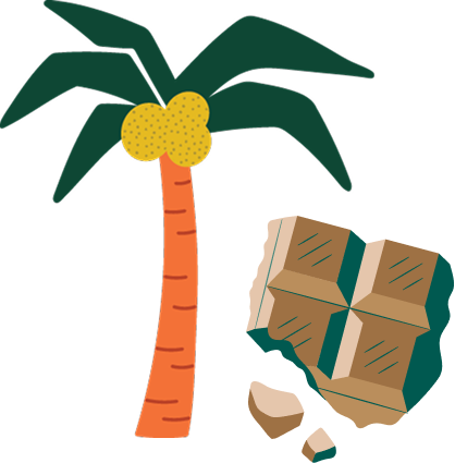 Illustration of a palm tree and a broken chocolate bar.