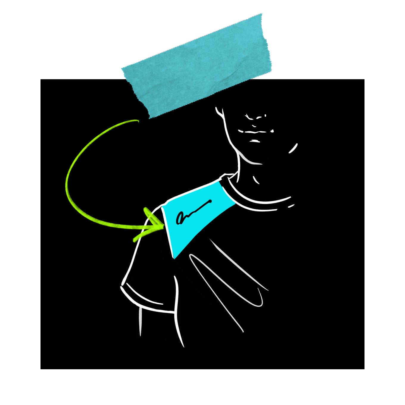 Illustration of a person with a shoulder bandage, highlighted by a green arrow.