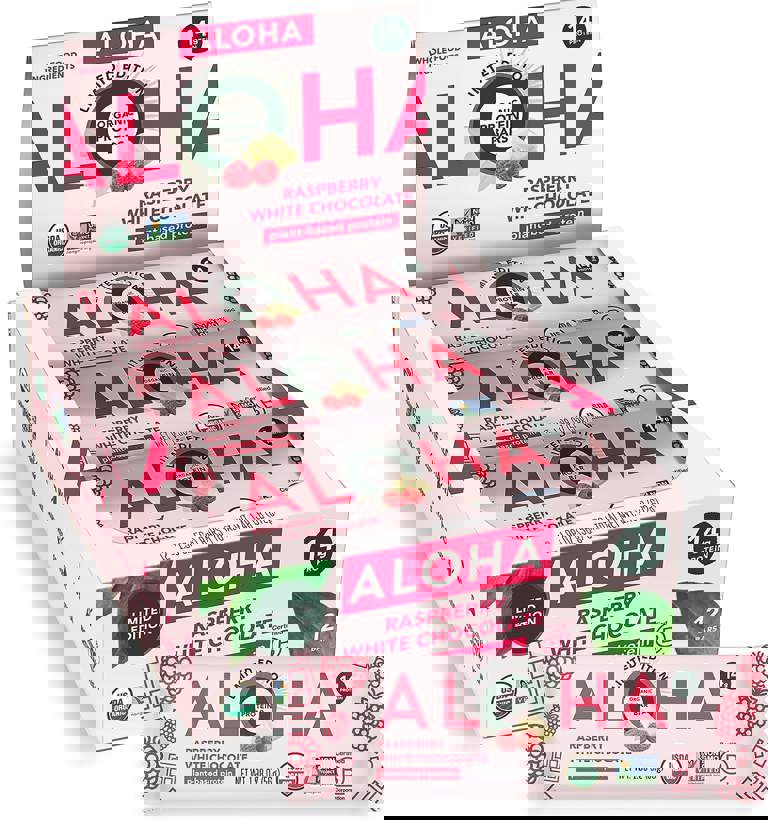 ALOHA Organic Plant Based Protein Bars | Raspberry White Chocolate | 12 Count, 1.98oz Bars | Vegan, Low Sugar, Gluten Free, Paleo, Low Carb, Non-GMO, Stevia Free, Soy Free, No Sugar Alcohol Sweeteners: LIMITED EDITION